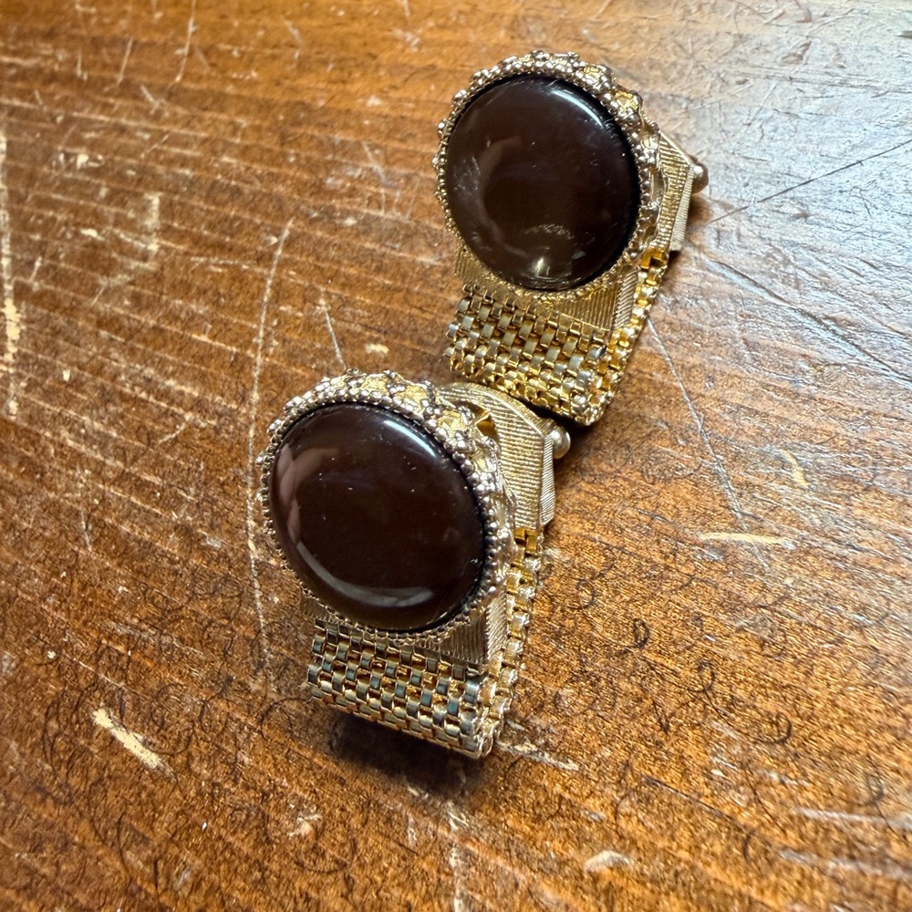 Vintage Gold and Brown Cuff Links and Tie Tack